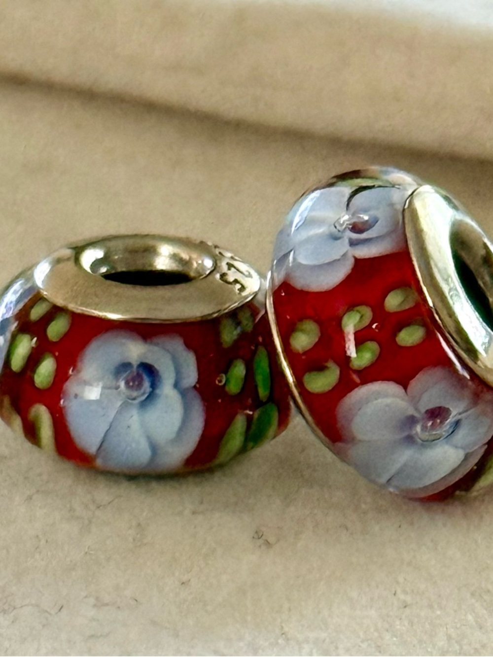Red and blue Floral Murano Glass  Charms set - fit Pandora bracelets